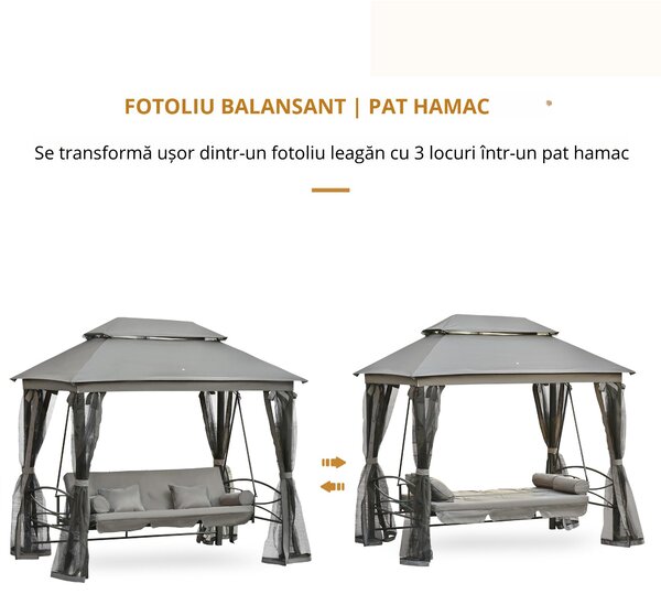 Outsunny Balansoar 3 Posti si Sezlong cu Copertina tip Foisor cu Plasa Impotriva Tantarilor si Perne, Gri Inchis 256x172x248cm