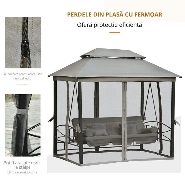 Outsunny Balansoar 3 Posti si Sezlong cu Copertina tip Foisor cu Plasa Impotriva Tantarilor si Perne, Gri Inchis 256x172x248cm