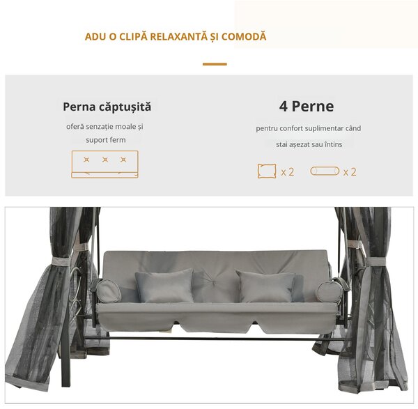Outsunny Balansoar 3 Posti si Sezlong cu Copertina tip Foisor cu Plasa Impotriva Tantarilor si Perne, Gri Inchis 256x172x248cm