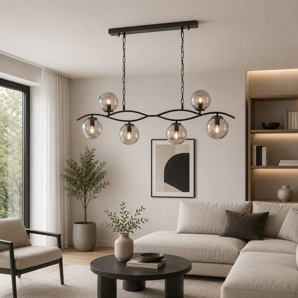 Lustră Oktay Mask 6XE27 Neagră, Design Modern Metal și Sticlă, Iluminat Elegant pentru Living sau Dining, Corp de Iluminat Premium Sofisticat