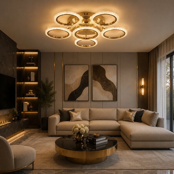 Lustră LED Erste Bright 60W Auriu 5800lm, Dimabilă 3CCT, Design Modern Glamour pentru Living, Iluminat Interior Luxos, Eficientă și Eleganta