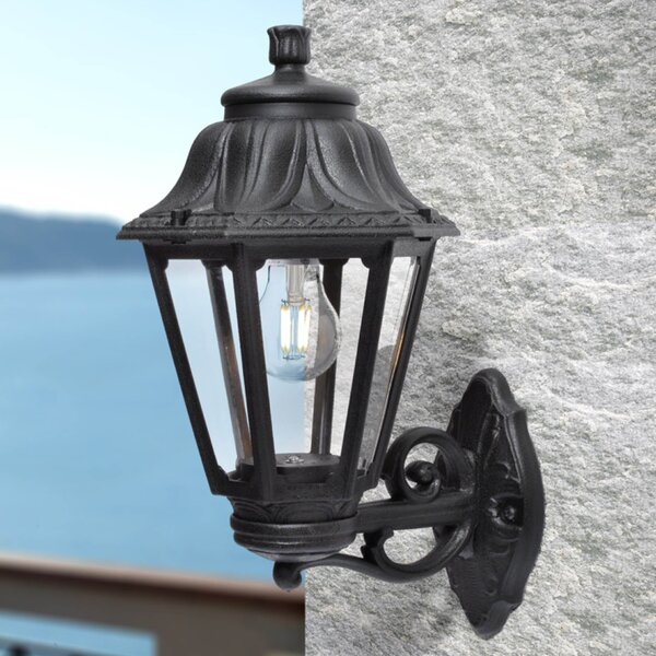 Aplică Exterior Fumagalli Anna Hexagonală 450x275mm IP55 Negru E27: Felinar Clasic din Rășină Anti-Rugină, Ideal pentru Fațade, Terase și Grădini