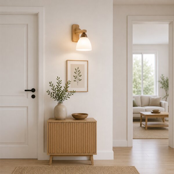 Aplica perete Erste Lena 190x130mm E27, design scandinav alb si natur, corp iluminat interior modern din metal si sticla, eficienta si eleganta