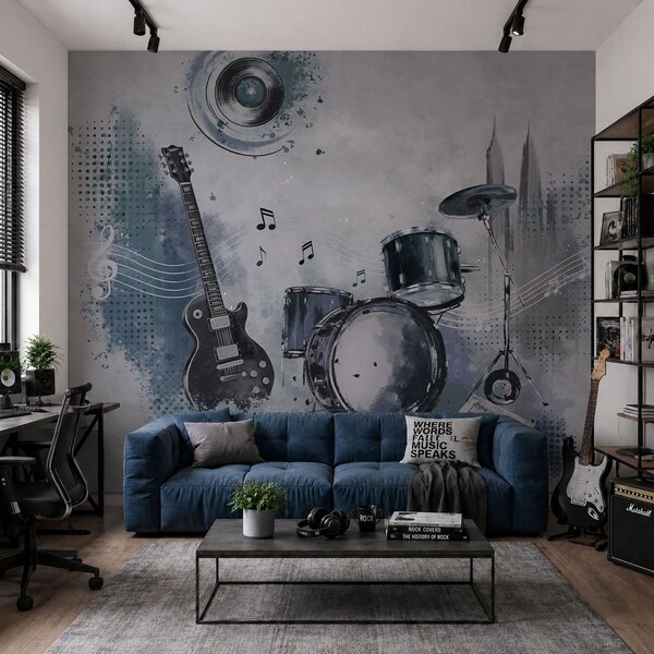 Tapet Chitară și baterie cu note muzicale, Imagini de fundal unice, w05546 : Uwalls.ro