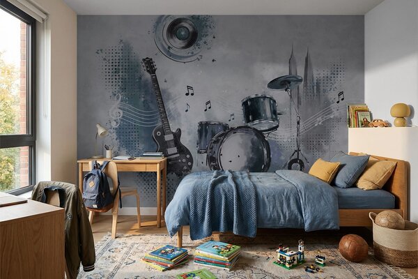 Tapet Chitară și baterie cu note muzicale, Imagini de fundal unice, w05546 : Uwalls.ro