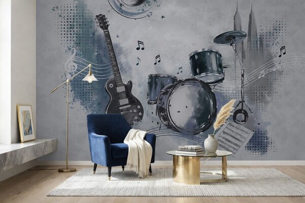 Tapet Chitară și baterie cu note muzicale, Imagini de fundal unice, w05546 : Uwalls.ro