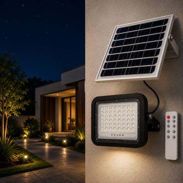 Proiector Solar LED Novelite V2 50W 6500K IP65 Negru, 180x138x38mm, Panou 210x200x17mm, Iluminat Exterior Eficient Fara Costuri Energiei