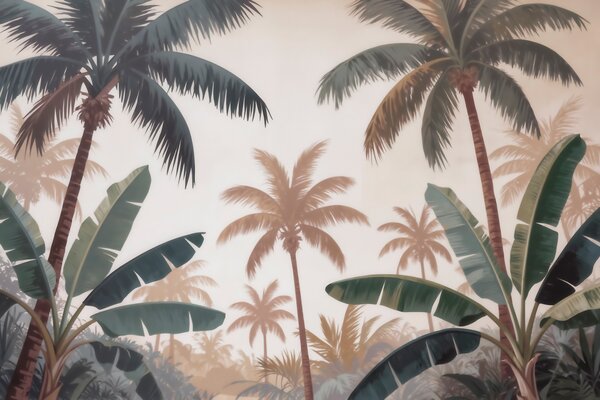 Tapet Palmieri tropicali într-o paletă de culori vintage delicate, într-o atmosferă de dimineață cețoasă, Fototapet Natură, w09884 : Uwalls.ro