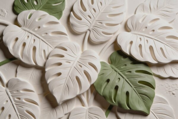 Tapet Frunze de monstera cu motive botanice în relief, în nuanțe de crem și verde, Imagini de fundal unice, w09883 : Uwalls.ro