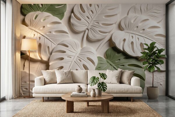 Tapet Frunze de monstera cu motive botanice în relief, în nuanțe de crem și verde, Imagini de fundal unice, w09883 : Uwalls.ro