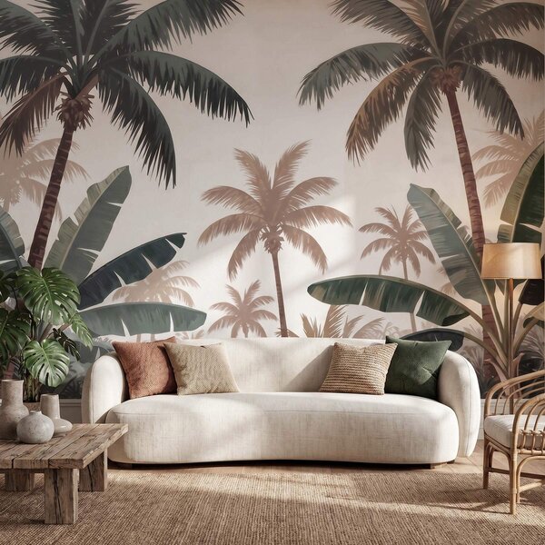Tapet Palmieri tropicali într-o paletă de culori vintage delicate, într-o atmosferă de dimineață cețoasă, Fototapet Natură, w09884 : Uwalls.ro