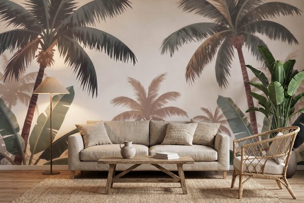 Tapet Palmieri tropicali într-o paletă de culori vintage delicate, într-o atmosferă de dimineață cețoasă, Fototapet Natură, w09884 : Uwalls.ro