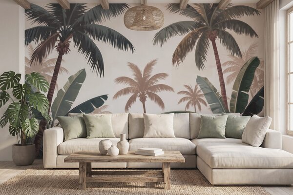 Tapet Palmieri tropicali într-o paletă de culori vintage delicate, într-o atmosferă de dimineață cețoasă, Fototapet Natură, w09884 : Uwalls.ro