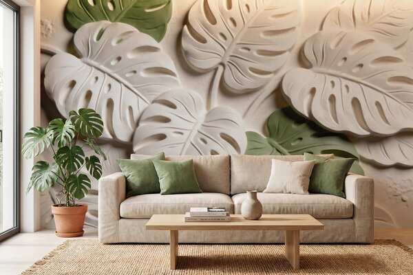 Tapet Frunze de monstera cu motive botanice în relief, în nuanțe de crem și verde, Imagini de fundal unice, w09883 : Uwalls.ro