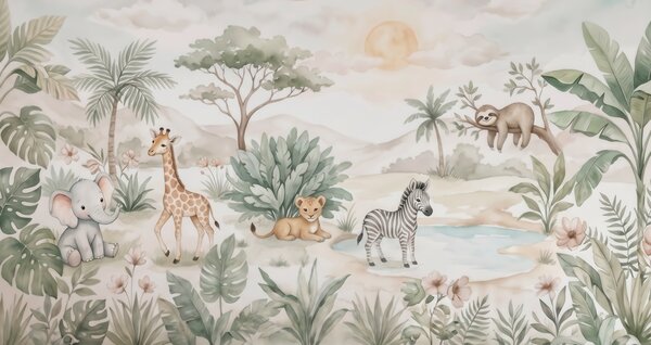 Tapet Scenă de safari pictată în acuarelă, cu animale redate în nuanțe delicate de pastel, în care apar o, Fototapet Animale, w09888 : Uwalls.ro