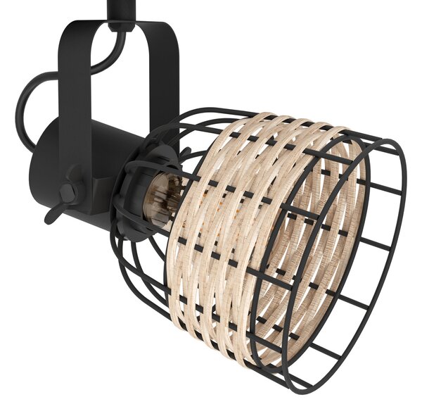 EGLO Spot tavan Anwick 1 cu decor de ratan, 3 becuri, reglabil, Negru, Camera de zi / sufragerie, Lemn, Vintage