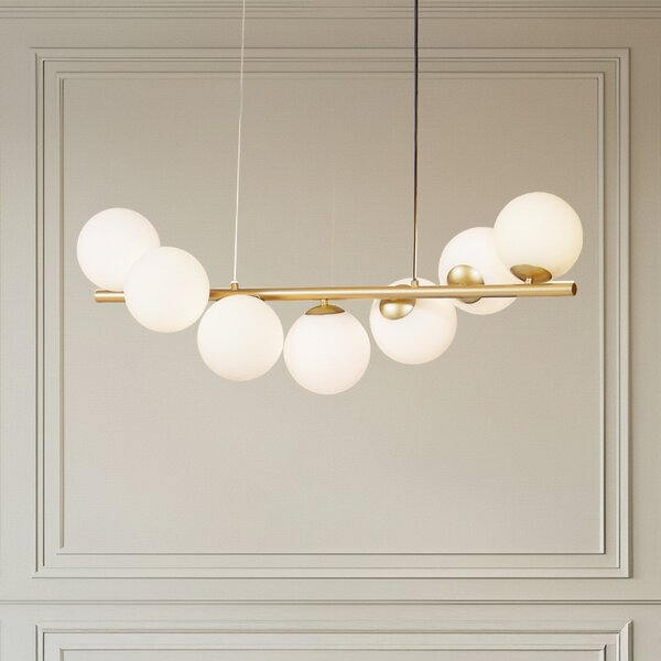 Lucande lampă suspendată Isandro, 95 cm, aur, alb, 7 becuri, G9, reglabil, Auriu / Alamă, Camera de zi / sufragerie, Sticlă, Design