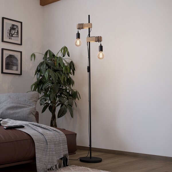 EGLO Lampă podea Townshend 2 becuri negru/lemn deschis, Negru, Camera de zi / sufragerie, Metal