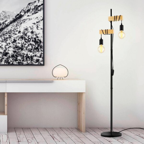 EGLO Lampă podea Townshend 2 becuri negru/lemn deschis, Negru, Camera de zi / sufragerie, Metal