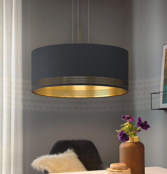EGLO Lampă suspendată Esteperra, negru/auriu, Ø 53 cm, reglabil, Negru, Camera de zi / sufragerie, Țesătură / Textil, Modern