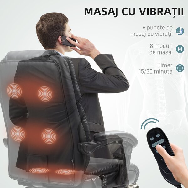 HOMCOM Scaun de Birou cu Masaj prin Vibrații, Spătar Înalt și Înălțime Reglabilă, 66x64x113-121 cm, Negru | Aosom Romania