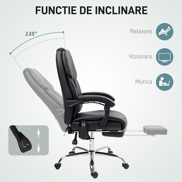 HOMCOM Scaun de Birou cu Masaj prin Vibrații, Spătar Înalt și Înălțime Reglabilă, 66x64x113-121 cm, Negru | Aosom Romania