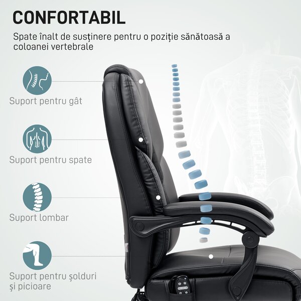 HOMCOM Scaun de Birou cu Masaj prin Vibrații, Spătar Înalt și Înălțime Reglabilă, 66x64x113-121 cm, Negru | Aosom Romania