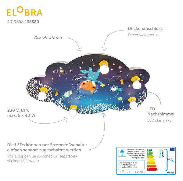 Elobra Plafonieră imagine nor Misiune spațială, albastru, Albastru, Camera copiilor, Lemn