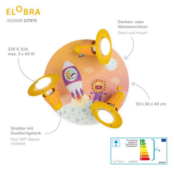 Elobra Rondell Plafonieră Escape, portocalie, cu trei becuri, reglabil, Portocaliu, Camera copiilor, Lemn