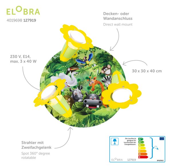 Elobra Rondell wildlife lumina de perete, reglabil, Verde, Camera copiilor, Lemn