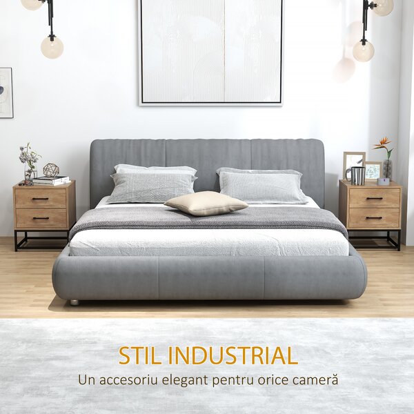 HOMCOM Set de 2 Noptiere cu 2 Sertare din Lemn și Oțel, 40x39.5x48 cm, Lemn Natural | Aosom Romania