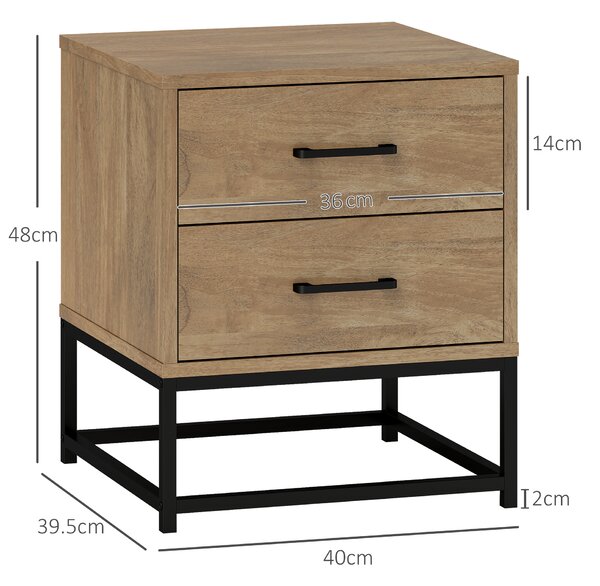 HOMCOM Set de 2 Noptiere cu 2 Sertare din Lemn și Oțel, 40x39.5x48 cm, Lemn Natural | Aosom Romania