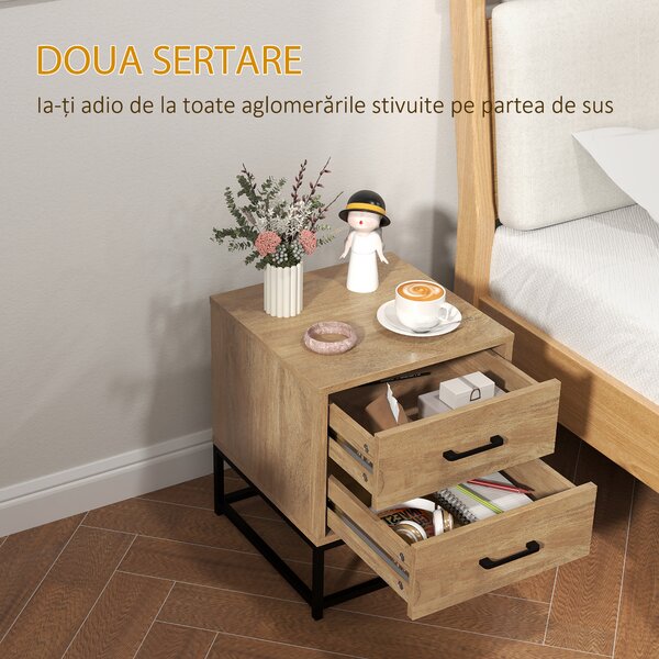 HOMCOM Set de 2 Noptiere cu 2 Sertare din Lemn și Oțel, 40x39.5x48 cm, Lemn Natural | Aosom Romania