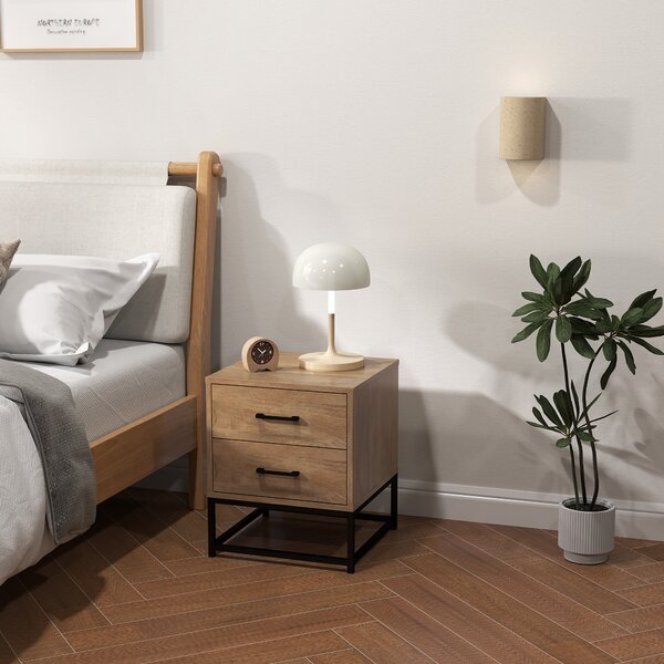 HOMCOM Set de 2 Noptiere cu 2 Sertare din Lemn și Oțel, 40x39.5x48 cm, Lemn Natural | Aosom Romania