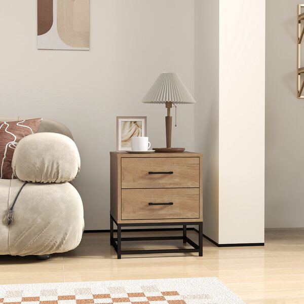 HOMCOM Set de 2 Noptiere cu 2 Sertare din Lemn și Oțel, 40x39.5x48 cm, Lemn Natural | Aosom Romania