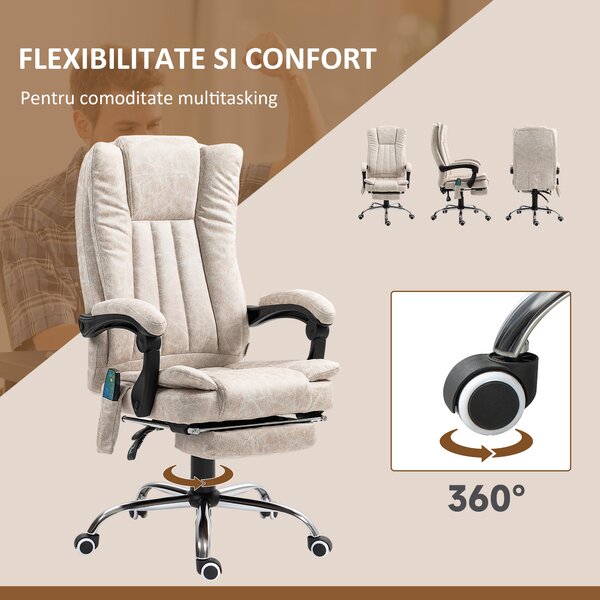 Vinsetto Scaun de Birou cu Masaj, Încălzire, Înălțime Reglabilă și Suport pentru Picioare, 62x70x113-120 cm, Crem | Aosom Romania