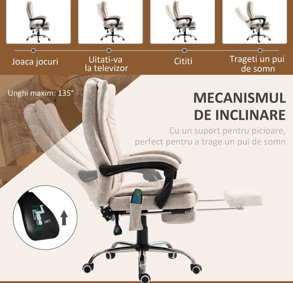 Vinsetto Scaun de Birou cu Masaj, Încălzire, Înălțime Reglabilă și Suport pentru Picioare, 62x70x113-120 cm, Crem | Aosom Romania
