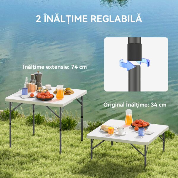 Outsunny Masă de Camping Pliabilă cu 2 Înălțimi Reglabile, 86x86x74 cm, Alb | Aosom Romania