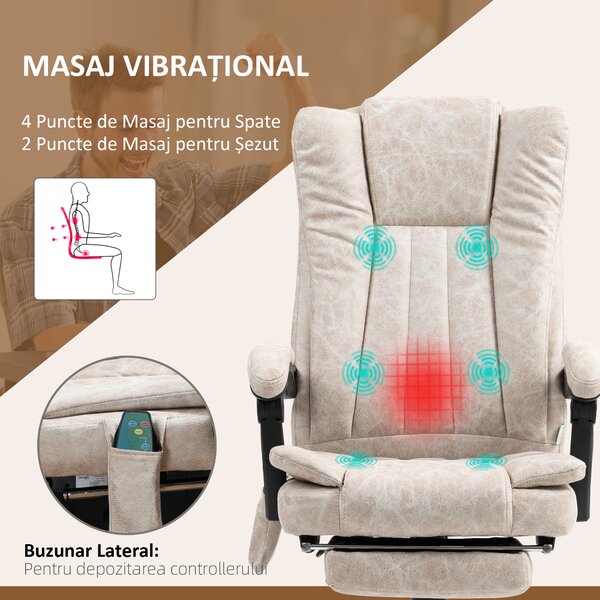 Vinsetto Scaun de Birou cu Masaj, Încălzire, Înălțime Reglabilă și Suport pentru Picioare, 62x70x113-120 cm, Crem | Aosom Romania
