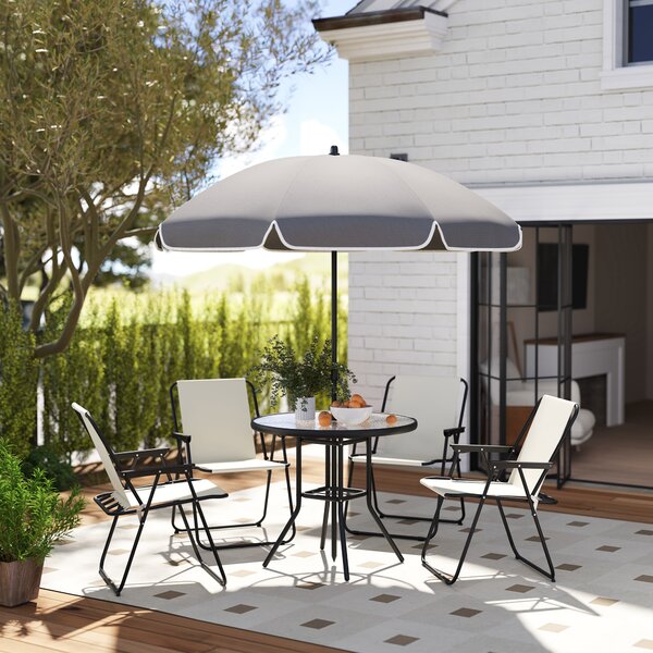 Outsunny Set de Mobilier de Grădină din 6 Piese cu Umbrelă de Soare, Masă și Scaune Pliante, Ф80x70 cm, Alb Crem | Aosom Romania