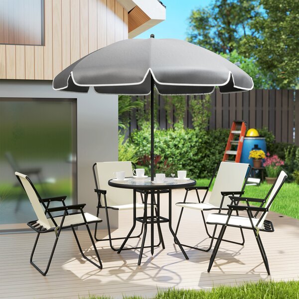 Outsunny Set de Mobilier de Grădină din 6 Piese cu Umbrelă de Soare, Masă și Scaune Pliante, Ф80x70 cm, Alb Crem | Aosom Romania