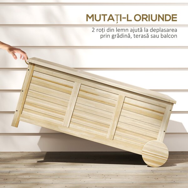 Outsunny Cutie de Depozitare pentru Grădină cu Roți si Prelată Interioară Rezistentă, 110x50x50 cm, Lemn Natural | Aosom Romania