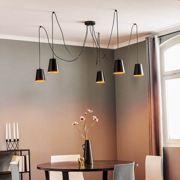 EMIBIG LIGHTING Lampă suspendată Link cu 5 abajururi individuale, negru, reglabil, Negru, Camera de zi / sufragerie, Metal, Modern