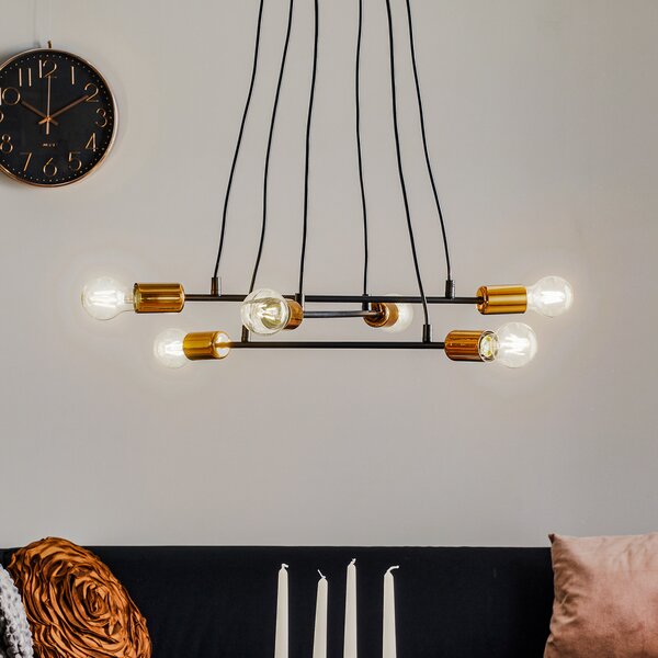 EMIBIG LIGHTING Lampă suspendată Bravo 6 becuri cu detalii din cupru, negru, reglabil, Negru, Camera de zi / sufragerie, Metal, Modern