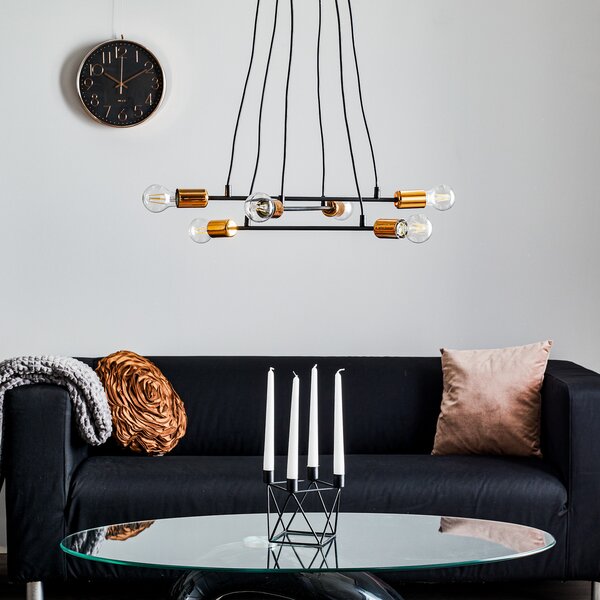 EMIBIG LIGHTING Lampă suspendată Bravo 6 becuri cu detalii din cupru, negru, reglabil, Negru, Camera de zi / sufragerie, Metal, Modern