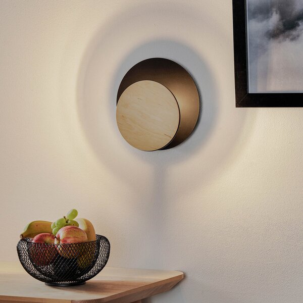 EMIBIG LIGHTING Aplică de perete Circle în negru cu placă decorativă din lemn, reglabil, Negru, Camera de zi / sufragerie, Metal, Modern