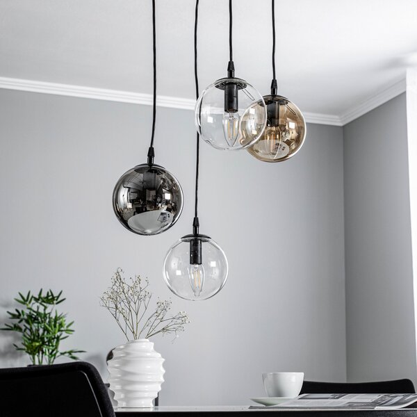 EMIBIG LIGHTING Lampă suspendată Glassy, 4 becuri, negru, grafit/chihlimbar/transparent, E14, reglabil, Negru, Camera de zi / sufragerie, Sticlă, Modern