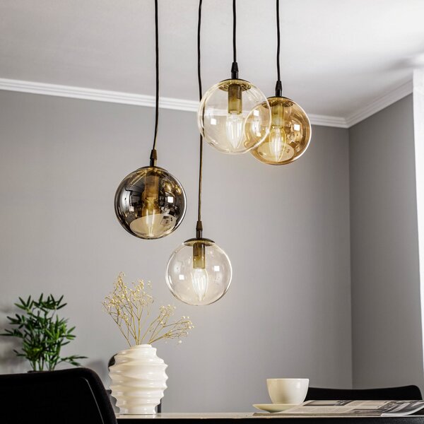 EMIBIG LIGHTING Lampă suspendată Glassy, 4 becuri, negru, grafit/chihlimbar/transparent, E14, reglabil, Negru, Camera de zi / sufragerie, Sticlă, Modern