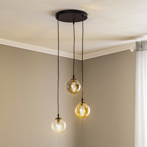 EMIBIG LIGHTING Lampă suspendată Glassy, 3 becuri, rotundă, grafit/chihlimbar/transparent,, reglabil, Negru, Camera de zi / sufragerie, Sticlă, Modern