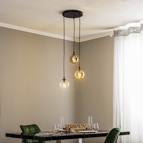EMIBIG LIGHTING Lampă suspendată Glassy, 3 becuri, rotundă, grafit/chihlimbar/transparent,, reglabil, Negru, Camera de zi / sufragerie, Sticlă, Modern